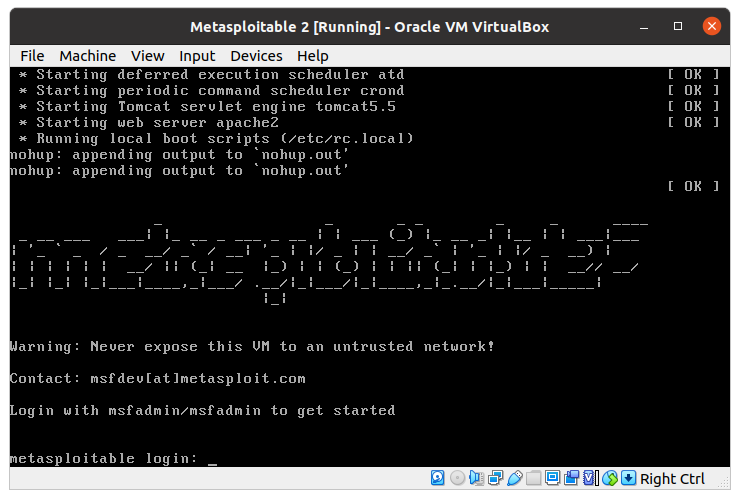 VirtualBox running Metasploitable VM