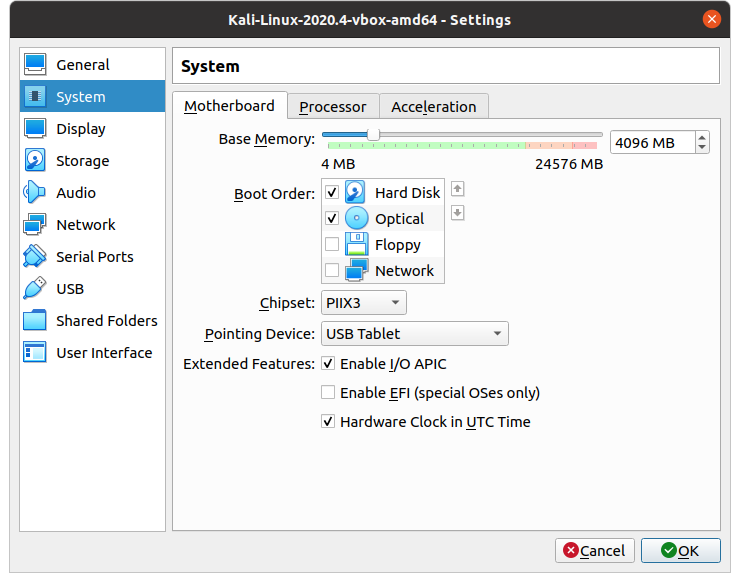 Kali Linux VM settings for Base Memory