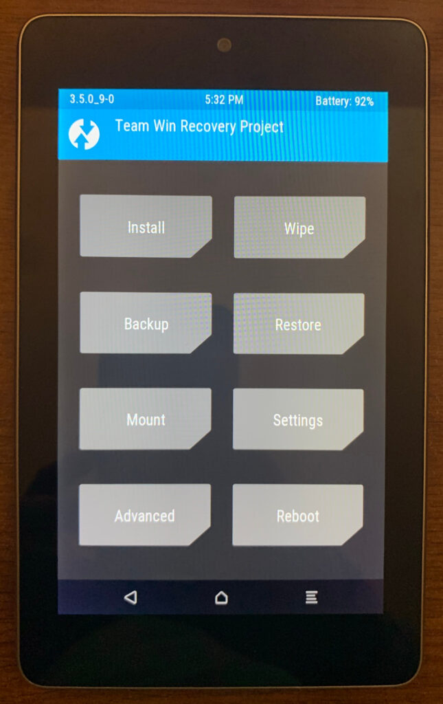 Nexus 7 with TWRP main menu